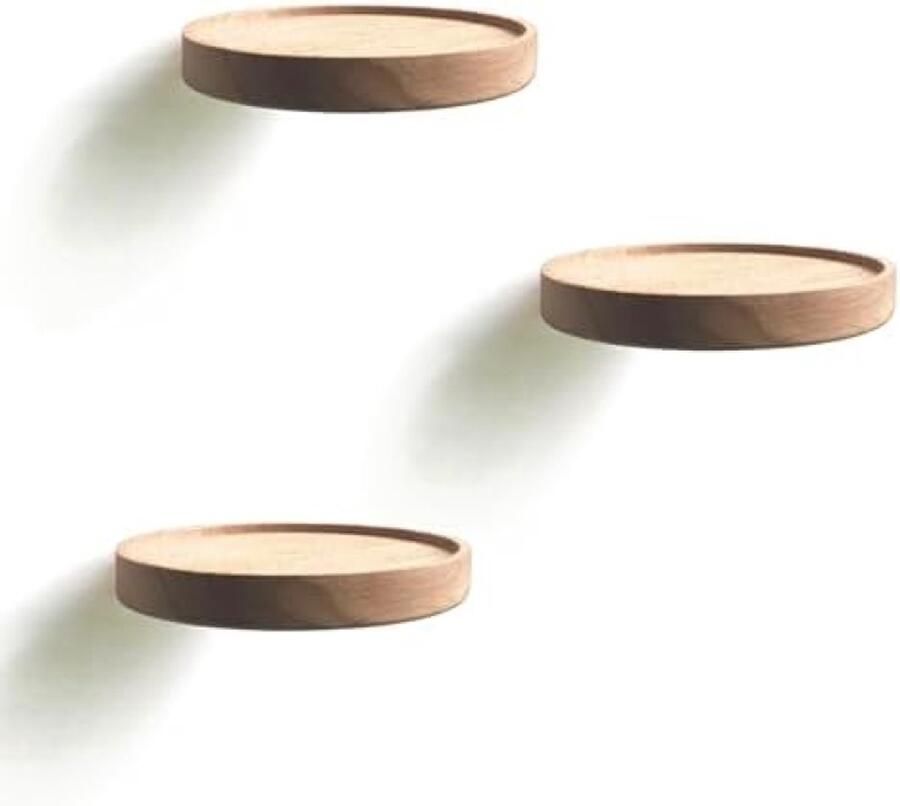 PolkaHome Zwevende Wandplank Set van 3 Moderne Ronde Houten Plank voor Planten Foto's en Decoratie Ø15cm Beige