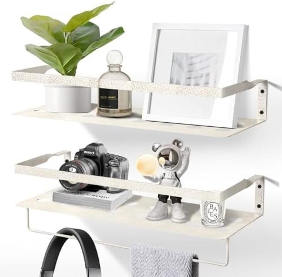 PolkaHome Zwevende Wandplanken Set van 2 Moderne IJzeren Planken met Handdoekstang voor Badkamer Slaapkamer Woonkamer of Keuken Witgouden Kleur