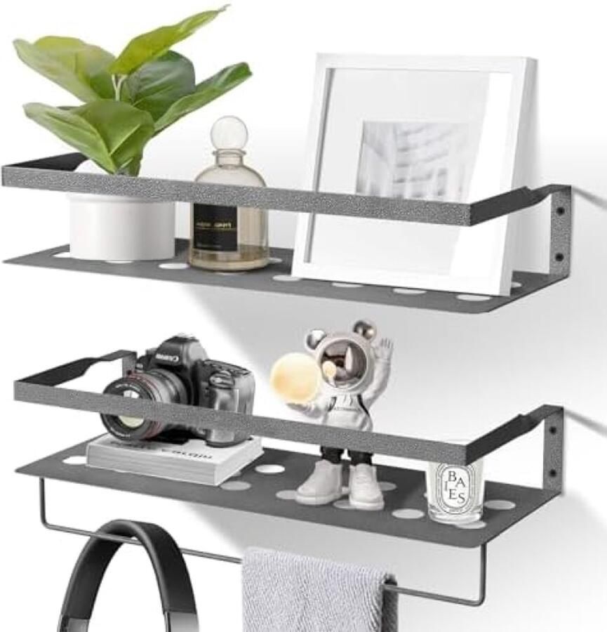 PolkaHome Zwevende Wandplanken Set van 2 Moderne IJzeren Planken met Handdoekstang voor Badkamer Slaapkamer Woonkamer of Keuken Grijs