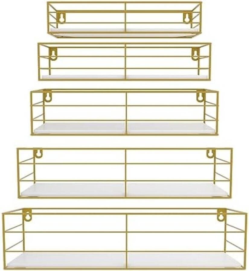 PolkaHome Zwevende wandplanken set van 5 wit met goudkleurig metalen frame modern wanddecoratie voor woonkamer slaapkamer badkamer of kantoor