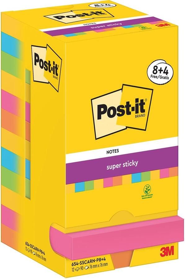 Post-it 7100259227 zelfklevend notitiepapier Vierkant Blauw Groen Oranje Roze Geel 90 vel Zelfplakkend