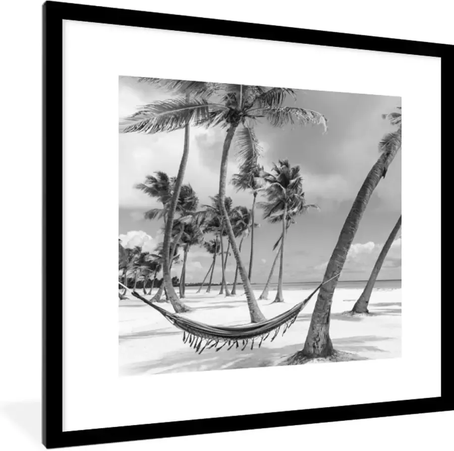 PosterMonkey Fotolijst incl. Poster Hangmat op strand van Dominicaanse Republiek zwart-wit 40x40 cm Posterlijst - Foto 1