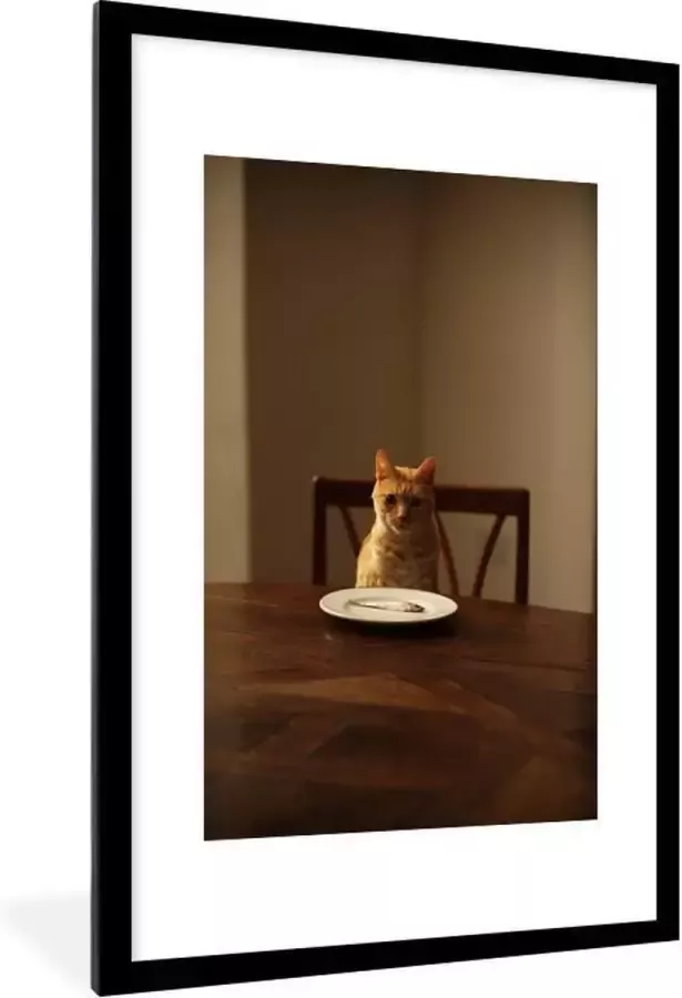 PosterMonkey Fotolijst incl. Poster Kat Eettafel Bord 60x90 cm Posterlijst