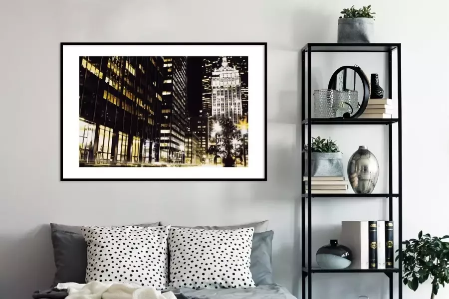 PosterMonkey Fotolijst incl. Poster New York Lamp Nacht 120x80 cm Posterlijst