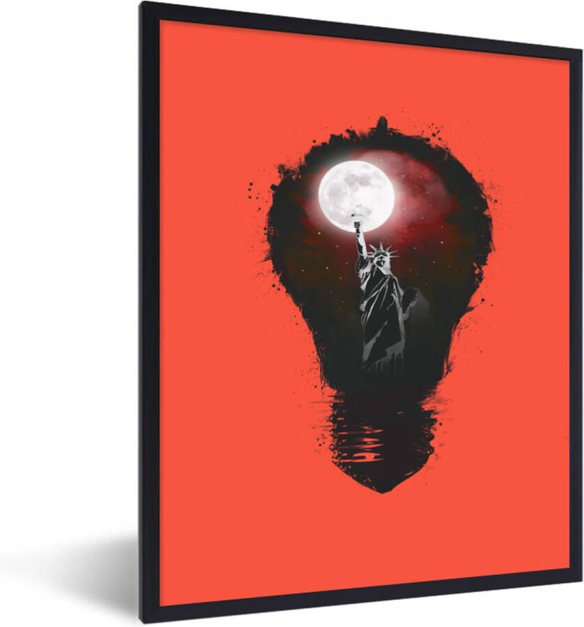 PosterMonkey Fotolijst incl. Poster New York Nacht Lamp Rood 60x80 cm Posterlijst