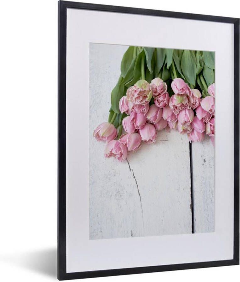 PosterMonkey Fotolijst incl. Poster Roze tulpen op witte tafel 30x40 cm Posterlijst