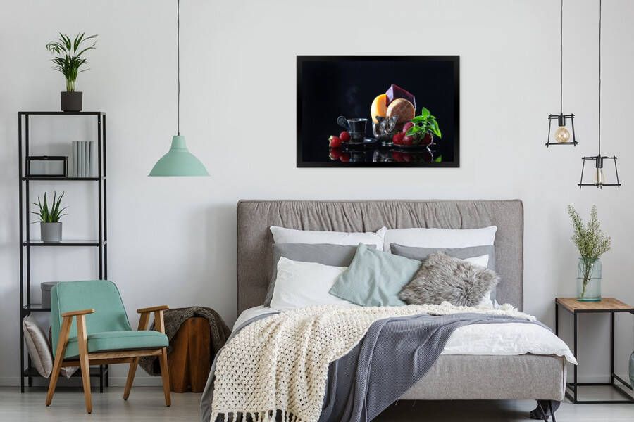 PosterMonkey Fotolijst incl. Poster Rustiek Fruit Kaas Tafel Stilleven 120x80 cm Posterlijst Kerstversiering Kerstdecoratie voor binnen Kerstmis