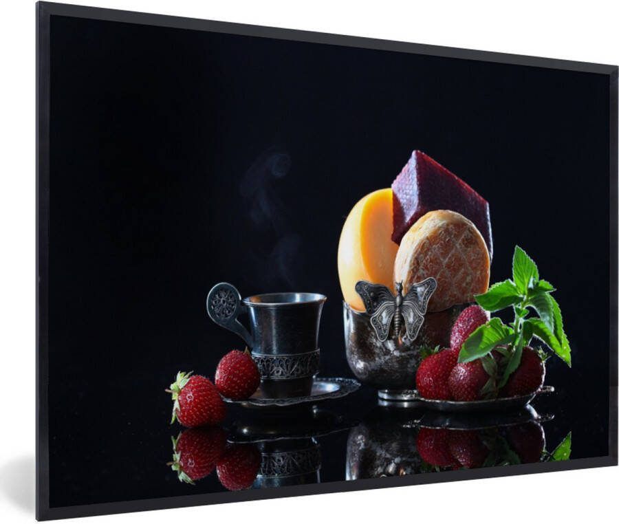 PosterMonkey Fotolijst incl. Poster Rustiek Fruit Kaas Tafel Stilleven 90x60 cm Posterlijst Kerstversiering Kerstdecoratie voor binnen Kerstmis