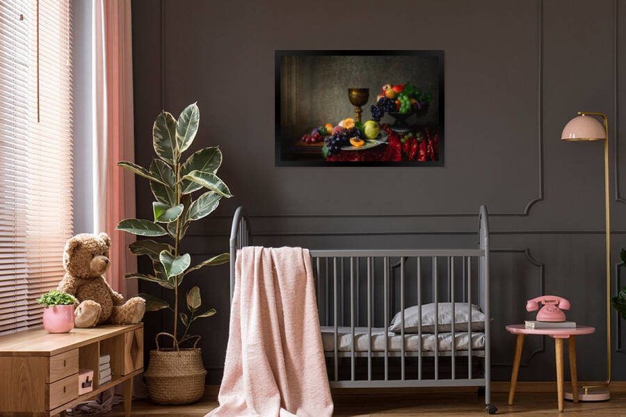 PosterMonkey Fotolijst incl. Poster Rustiek Tafel Fruit Stilleven Beker 90x60 cm Posterlijst Kerstversiering Kerstdecoratie voor binnen Kerstmis