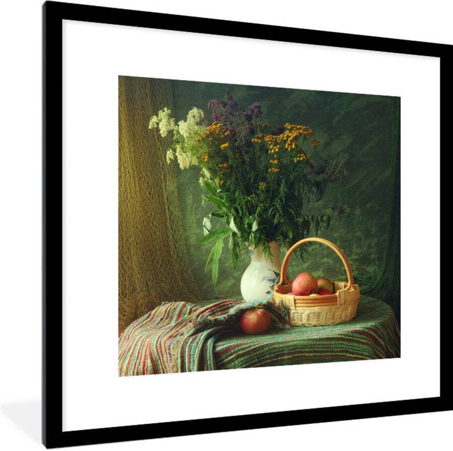 PosterMonkey Fotolijst incl. Poster Stilleven Bloemen Appel Mandje Tafel Schilderij 40x40 cm Posterlijst - Foto 2
