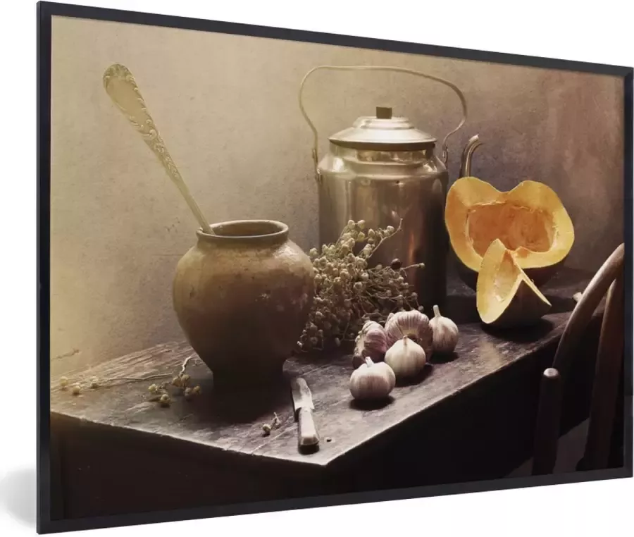 PosterMonkey Fotolijst incl. Poster Stilleven Pompoen Knoflook Pan Tafel 30x20 cm Posterlijst