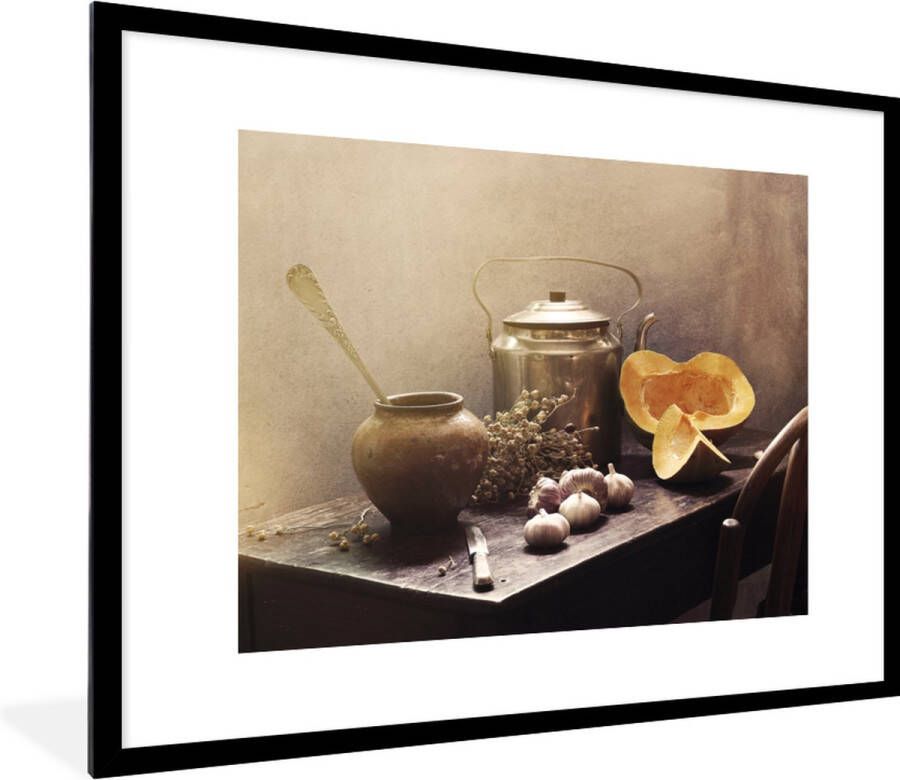 PosterMonkey Fotolijst incl. Poster Stilleven Pompoen Knoflook Pan Tafel 80x60 cm Posterlijst - Foto 1