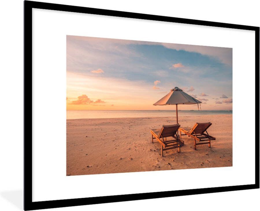 Poster in lijst Fotolijst 90x60 cm Posters Strand Ligbed Parasol Posterlijst zwart Decoratie Wanddecoratie woonkamer Muurdecoratie slaapkamer