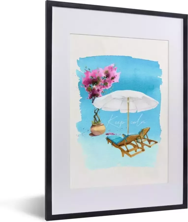 PosterMonkey Fotolijst incl. Poster Strandstoel Bloemen Parasol Tekening 30x40 cm Posterlijst