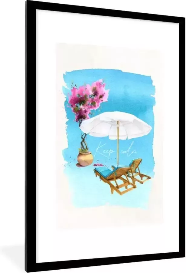 PosterMonkey Fotolijst incl. Poster Strandstoel Bloemen Parasol Tekening 60x90 cm Posterlijst