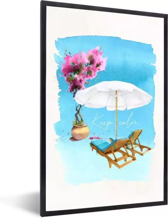 PosterMonkey Fotolijst incl. Poster Strandstoel Bloemen Parasol Tekening 60x90 cm Posterlijst