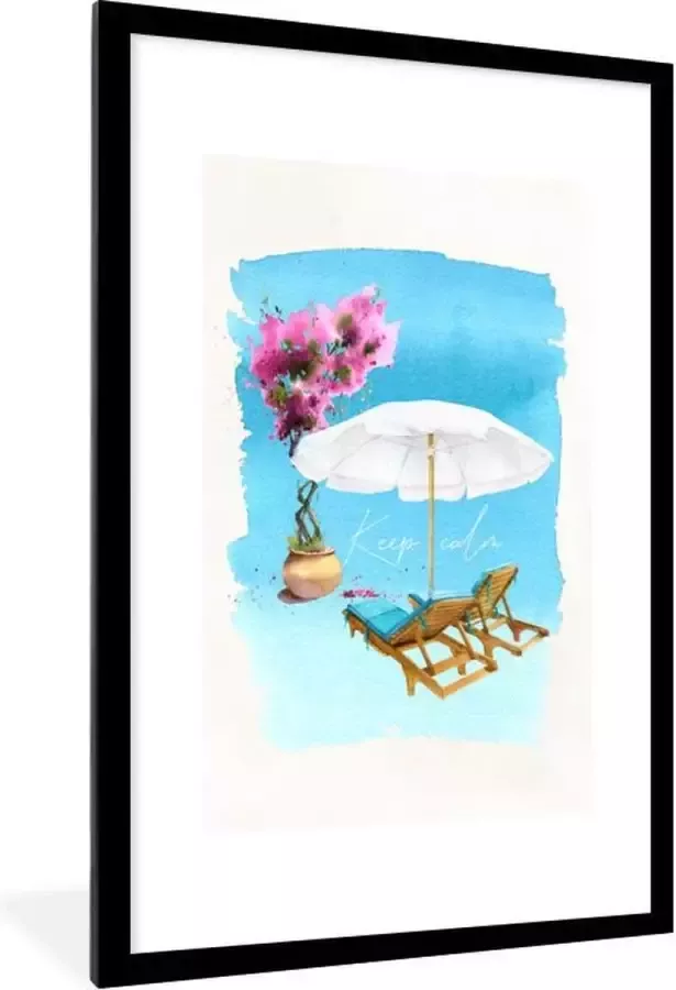 PosterMonkey Fotolijst incl. Poster Strandstoel Bloemen Parasol Tekening 80x120 cm Posterlijst