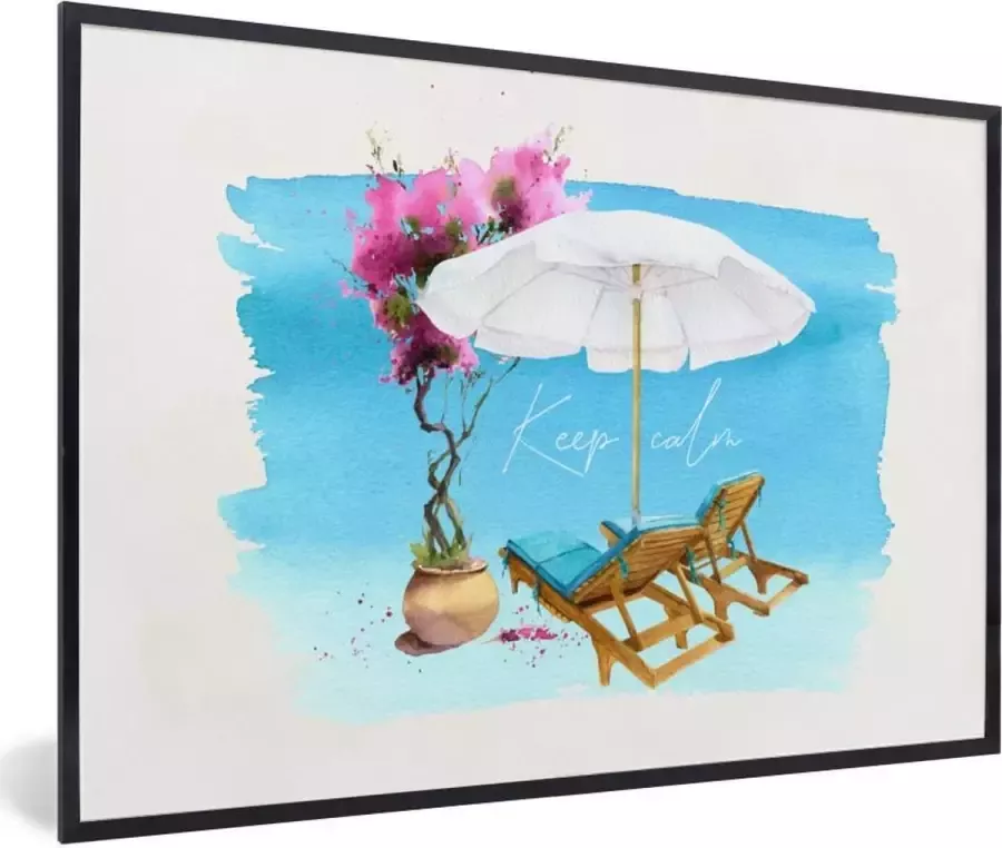PosterMonkey Fotolijst incl. Poster Strandstoel Bloemen Parasol Waterverf 90x60 cm Posterlijst
