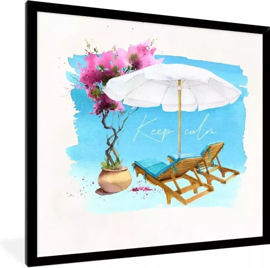 PosterMonkey Fotolijst incl. Poster Strandstoel Parasol Bloemen Tekening 40x40 cm Posterlijst