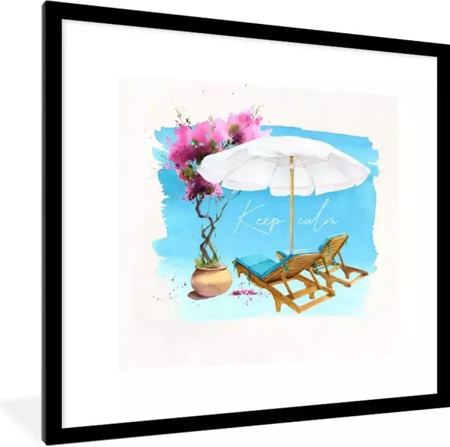 PosterMonkey Fotolijst incl. Poster Strandstoel Parasol Bloemen Tekening 40x40 cm Posterlijst