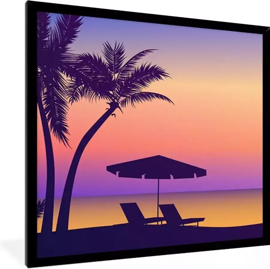 PosterMonkey Fotolijst incl. Poster Strandstoel Parasol Nacht Tekening 40x40 cm Posterlijst