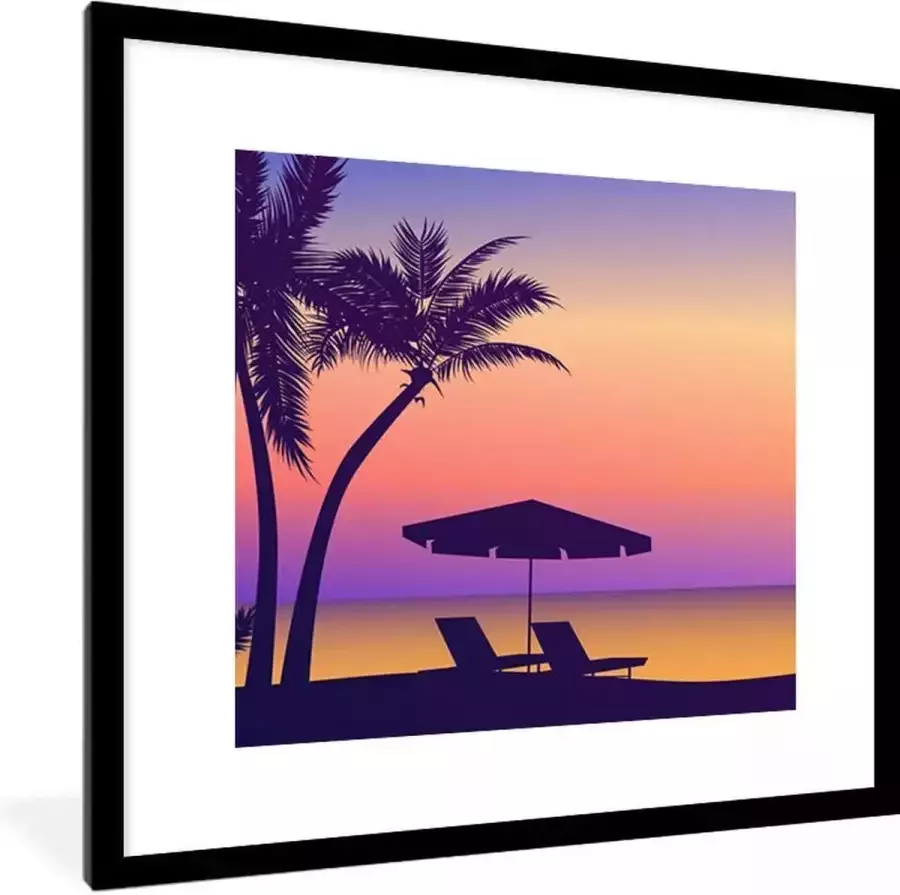 PosterMonkey Fotolijst incl. Poster Strandstoel Parasol Nacht Tekening 40x40 cm Posterlijst