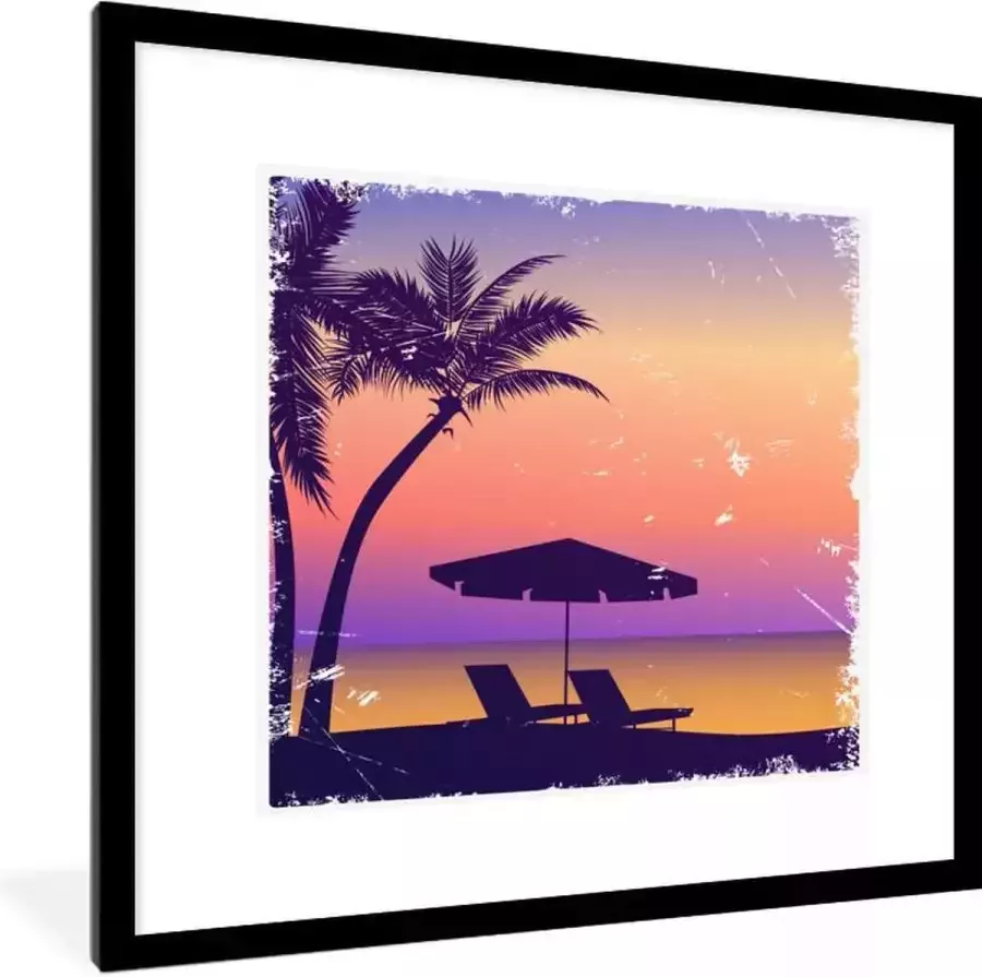PosterMonkey Fotolijst incl. Poster Strandstoel Parasol Nacht Waterverf 40x40 cm Posterlijst