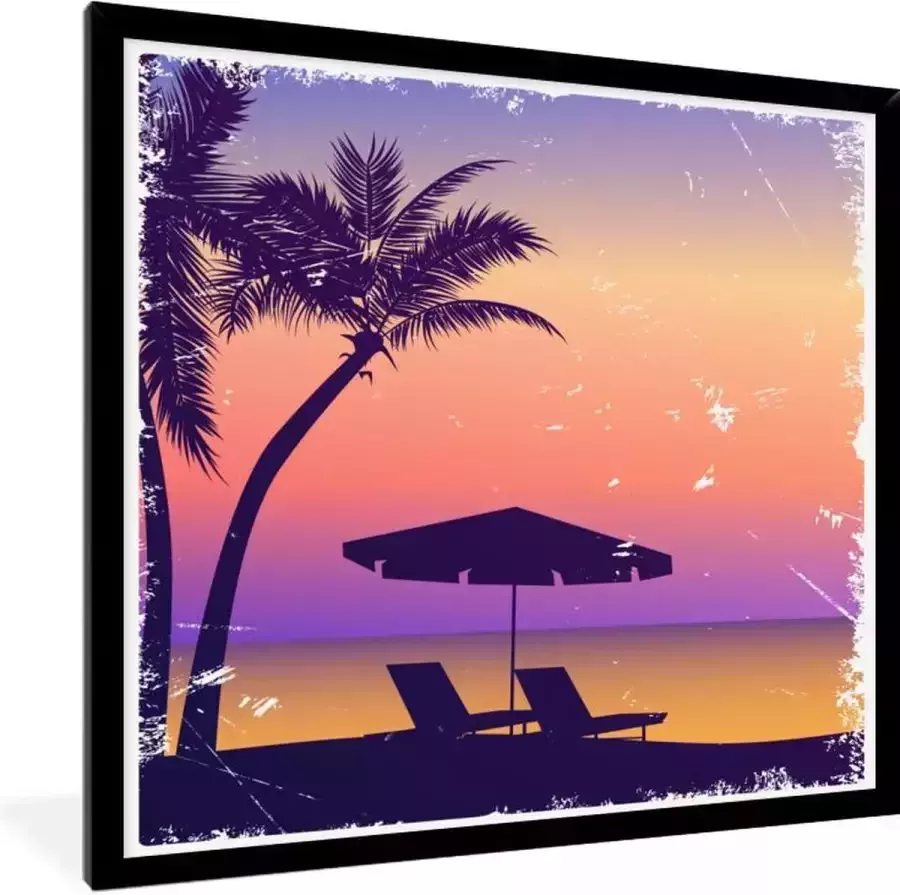 PosterMonkey Fotolijst incl. Poster Strandstoel Parasol Nacht Waterverf 40x40 cm Posterlijst