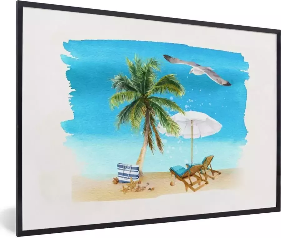 PosterMonkey Fotolijst incl. Poster Strandstoel Parasol Palmbomen Strand 120x80 cm Posterlijst