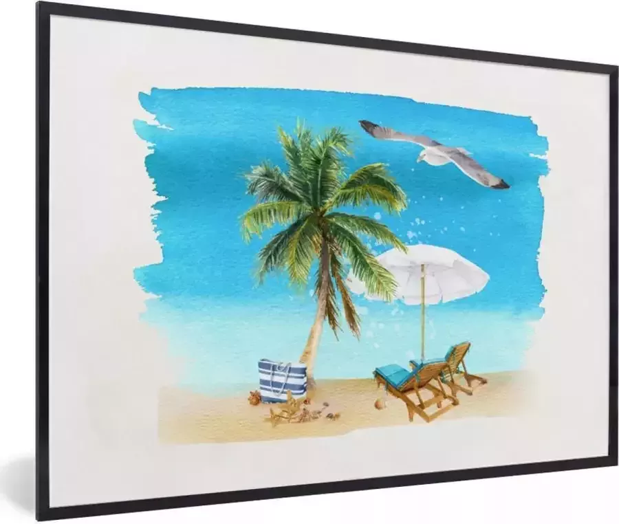 PosterMonkey Fotolijst incl. Poster Strandstoel Parasol Palmbomen Strand 90x60 cm Posterlijst
