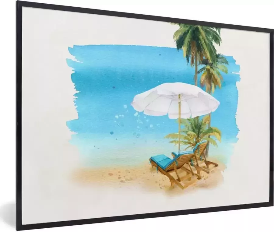 PosterMonkey Fotolijst incl. Poster Strandstoel Parasol Palmbomen Waterverf 120x80 cm Posterlijst