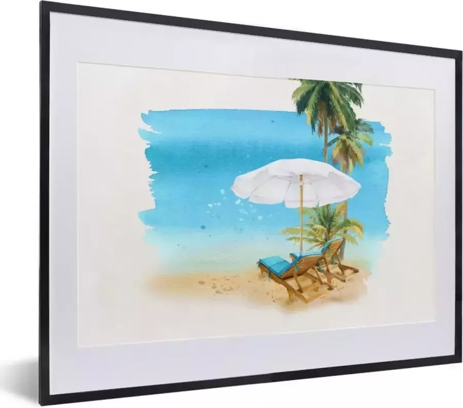PosterMonkey Fotolijst incl. Poster Strandstoel Parasol Palmbomen Waterverf 40x30 cm Posterlijst