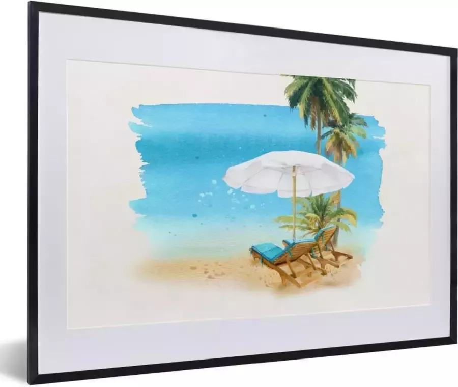 PosterMonkey Fotolijst incl. Poster Strandstoel Parasol Palmbomen Waterverf 60x40 cm Posterlijst