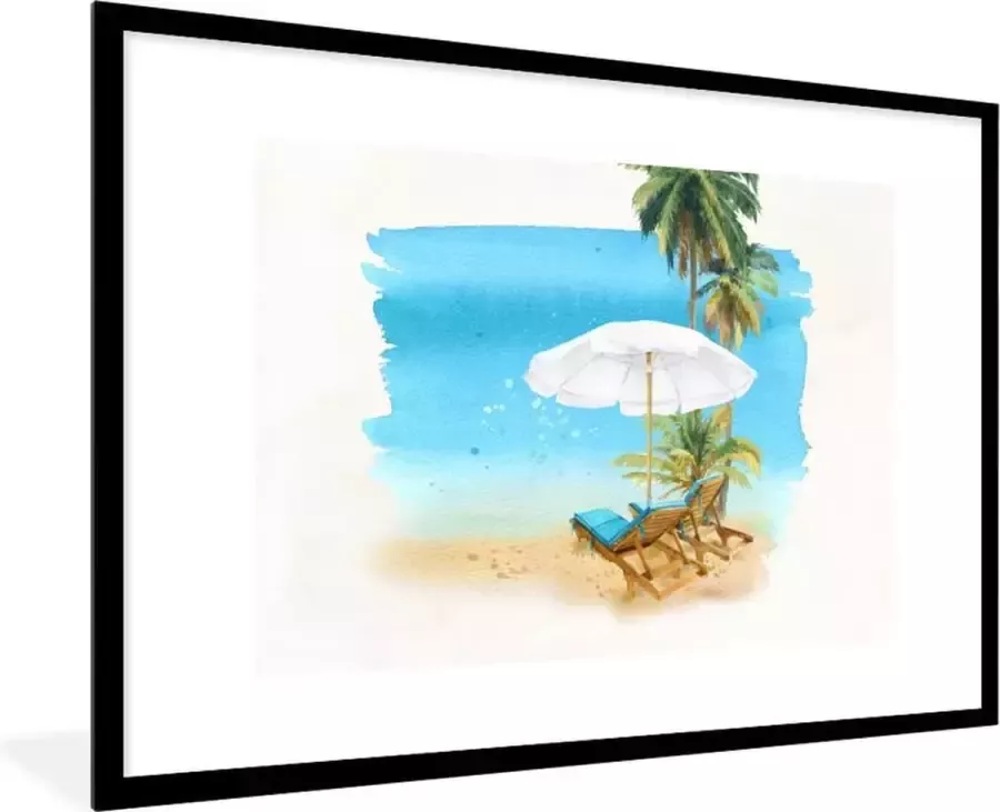 PosterMonkey Fotolijst incl. Poster Strandstoel Parasol Palmbomen Waterverf 90x60 cm Posterlijst