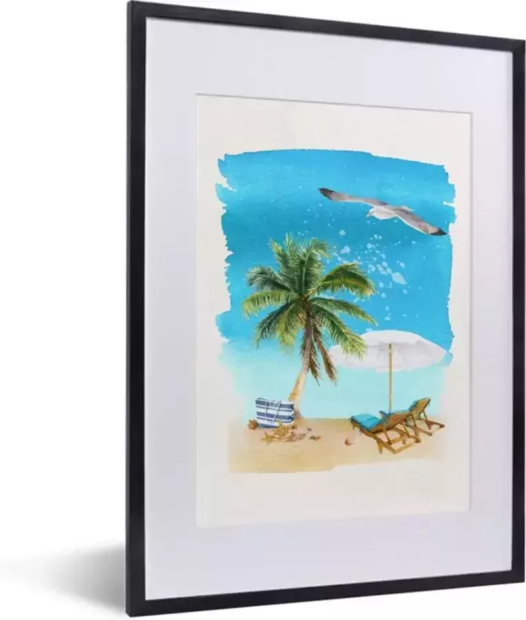 Poster in lijst Fotolijst 30x40 cm Posters Strandstoel Parasol Palmboom Lucht Posterlijst zwart Decoratie Wanddecoratie woonkamer Muurdecoratie slaapkamer