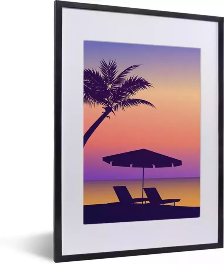 Poster in lijst Fotolijst 30x40 cm Posters Strandstoel Parasol Palmboom Nacht Posterlijst zwart Decoratie Wanddecoratie woonkamer Muurdecoratie slaapkamer