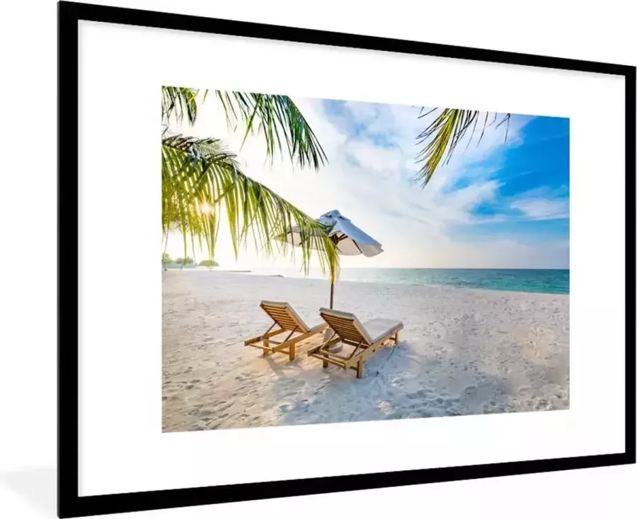 PosterMonkey Fotolijst incl. Poster Strandstoel Parasol Zonsondergang 120x80 cm Posterlijst