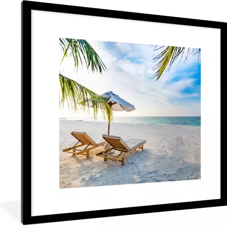 PosterMonkey Fotolijst incl. Poster Strandstoel Parasol Zonsondergang 40x40 cm Posterlijst