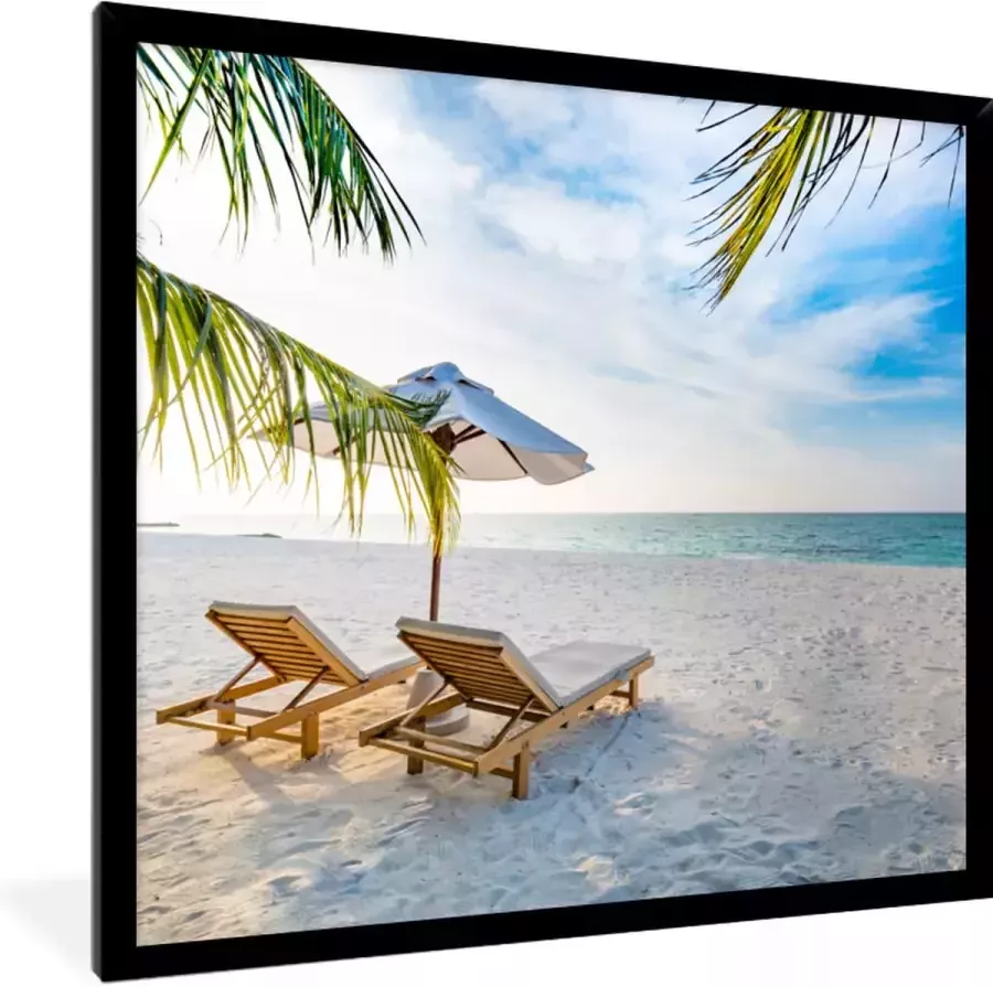 PosterMonkey Fotolijst incl. Poster Strandstoel Parasol Zonsondergang 40x40 cm Posterlijst