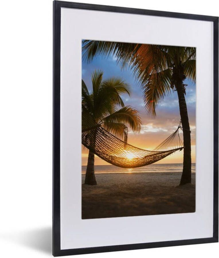 PosterMonkey Fotolijst incl. Poster Zonsondergang Hangmat Palmboom 30x40 cm Posterlijst