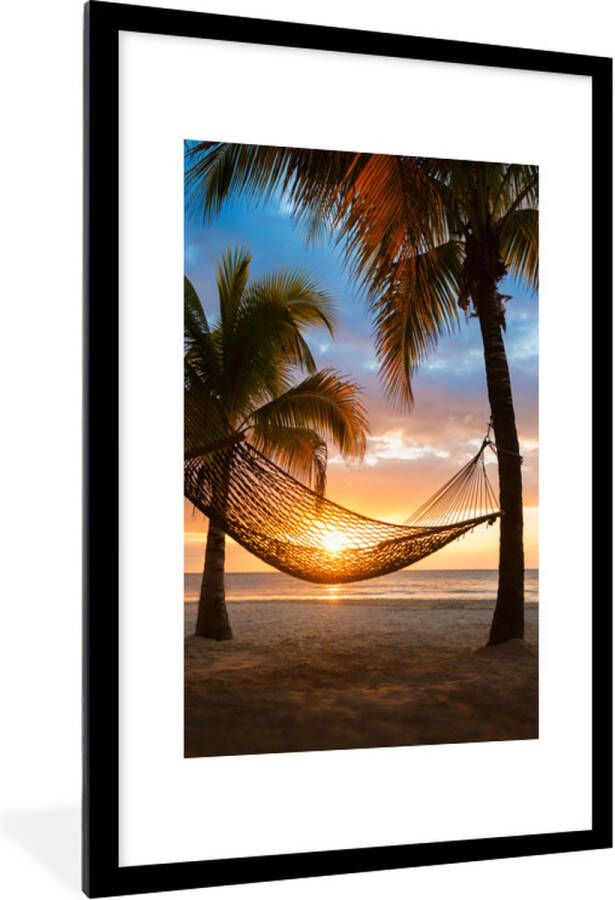 PosterMonkey Fotolijst incl. Poster Zonsondergang Hangmat Palmboom 80x120 cm Posterlijst