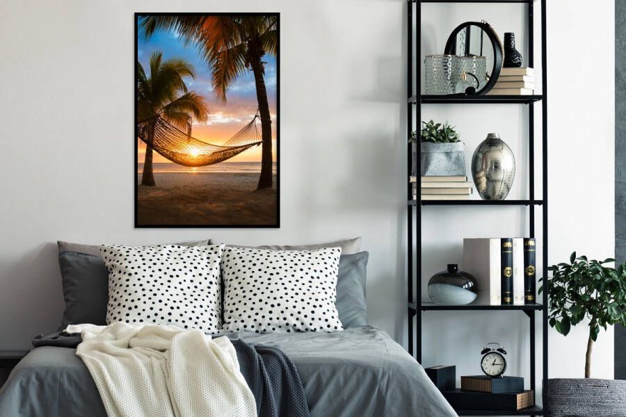 PosterMonkey Fotolijst incl. Poster Zonsondergang Hangmat Palmboom 80x120 cm Posterlijst