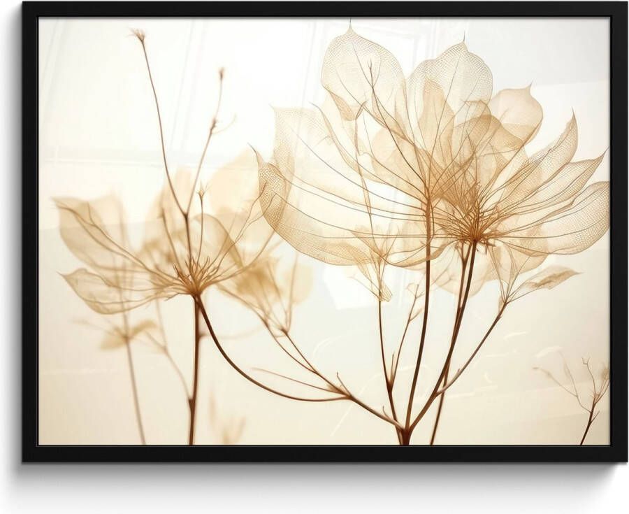 PosterMonkey Fotolijst inclusief poster 80x60 cm Beige droogbloemen Foto in kader Wanddecoratie planten Fotokader muurposter natuur Posters in fotolijsten Bed decoratie Houten frame ophangsysteem Foto lijst posterlijst