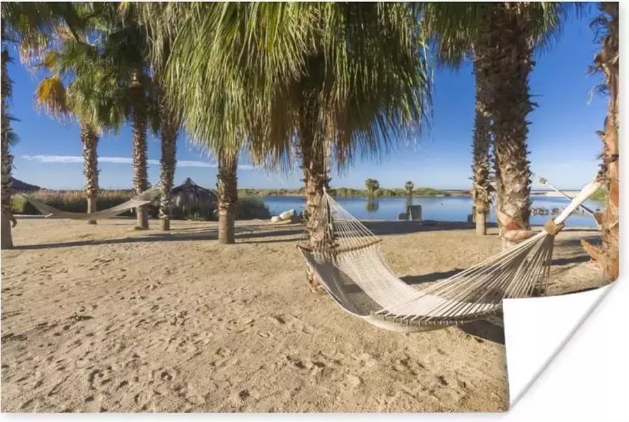 PosterMonkey Hangmat op een strand op het schiereiland Baja Poster 180x120 cm Foto print op Poster (wanddecoratie woonkamer slaapkamer) Zee en Strand XXL Groot formaat!