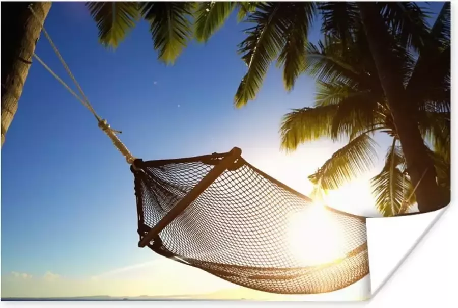 PosterMonkey Hangmat tussen de palmbomen op een tropisch strand Poster 180x120 cm Foto print op Poster (wanddecoratie woonkamer slaapkamer) Zee en Strand XXL Groot formaat!