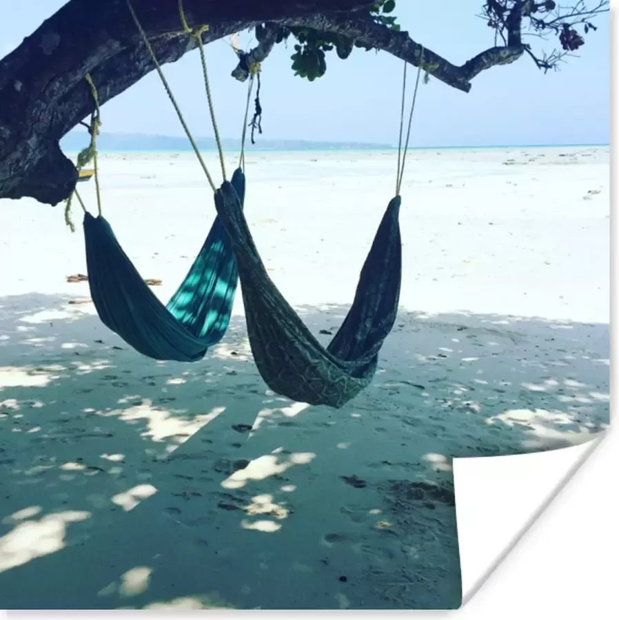 PosterMonkey Hangmatten op een boom in het Aziatische India Poster 75x75 cm Foto print op Poster (wanddecoratie woonkamer slaapkamer) Zee en Strand
