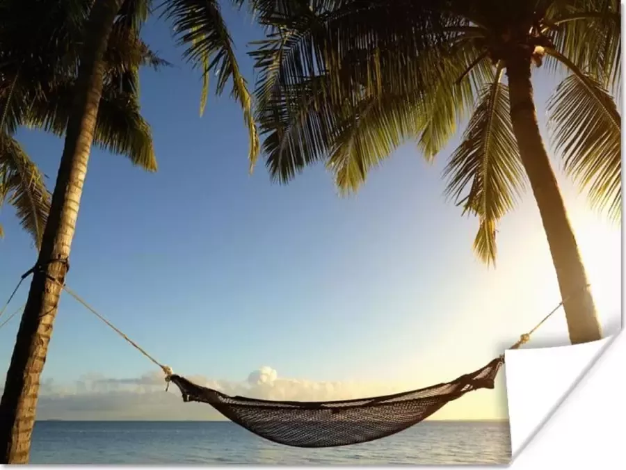 PosterMonkey Palmbomen op een tropisch strand met een hangmat Poster 160x120 cm Foto print op Poster (wanddecoratie woonkamer slaapkamer) Zee en Strand XXL Groot formaat!