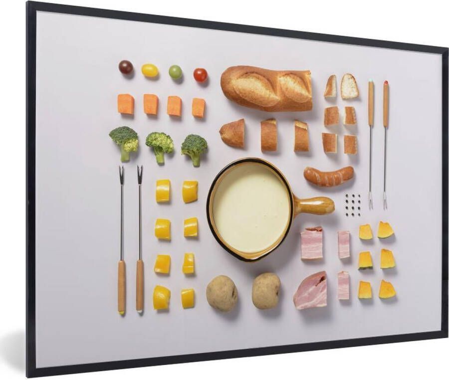 PosterMonkey Poster met lijst Flat Lay Eten Kaas fontein items op tafel fotolijst zwart 90x60 cm Poster met lijst