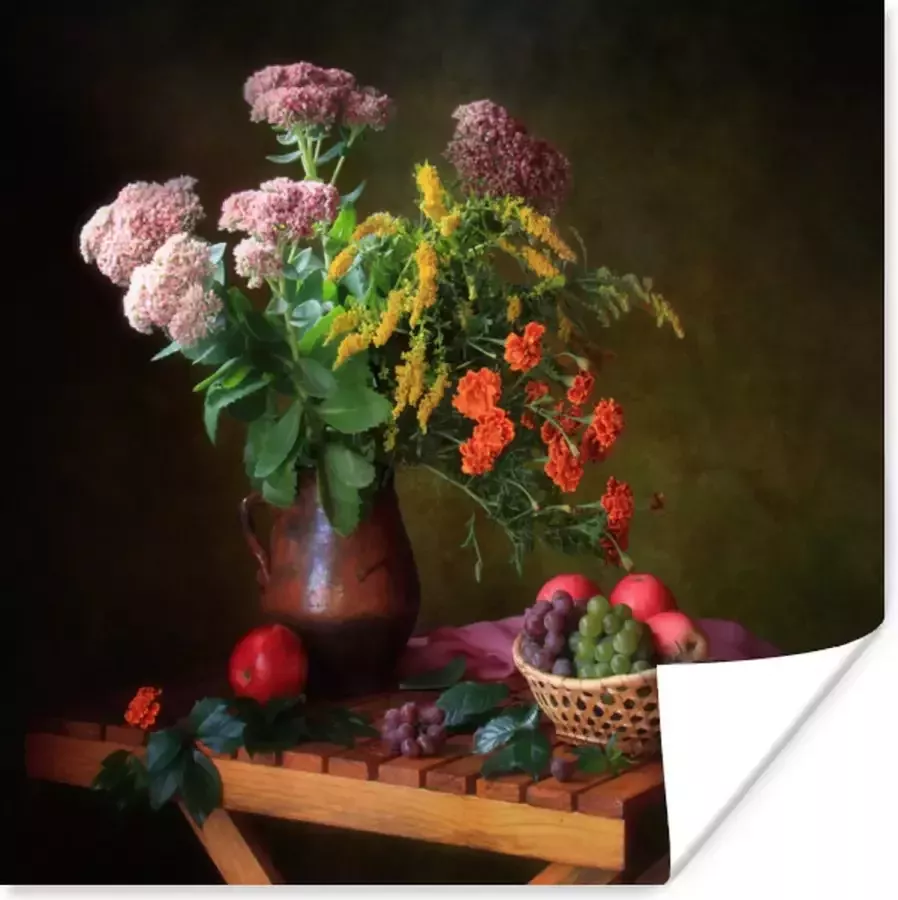PosterMonkey Poster Schilderij Stilleven Fruit Bloemen Tafel Kunst 75x75 cm