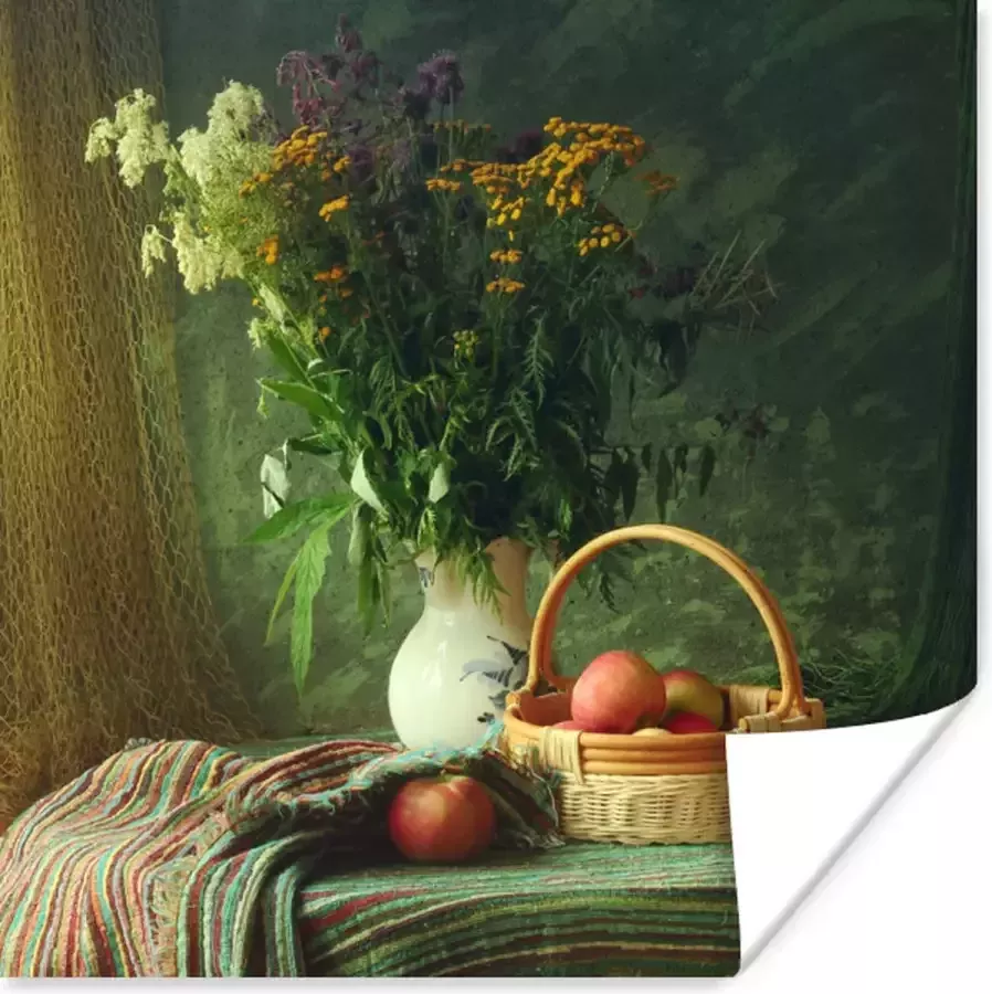 PosterMonkey Poster Stilleven Bloemen Appel Mandje Tafel Schilderij 75x75 cm